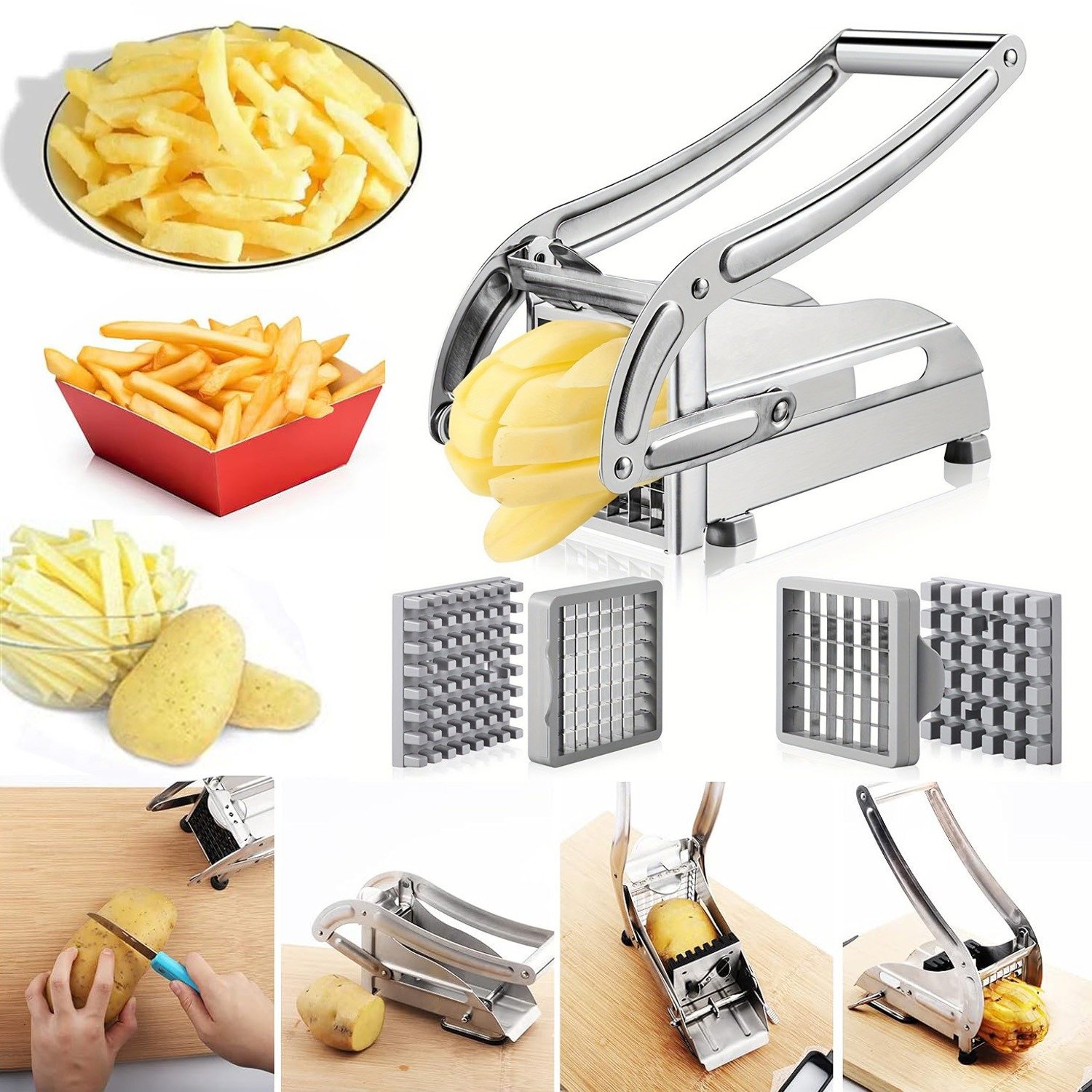 193ccdb1bea344ab9c5117b27fc9e3a3-goods.jpeg Cortador de Papas Fritas, Rebanador de Patatas, Picador de Verduras de Acero Inoxidable de Grado Alimenticio, Prensa para Papas Fritas con Base Antideslizante, 2 Cuchillas de Repuesto de Alta Resistencia y Pelador de Verduras - Image 1