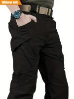 Pantalones cargo tácticos ligeros para hombre con múltiples bolsillos - Poliéster transpirable, aptos para senderismo, entrenamiento y pesca al aire libre, pantalones de exterior | Estilo deportivo | Tejido duradero, equipo de acampada, lavables a máquina, diseño de color liso, sin cinturón - Image 4