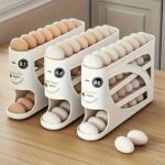Soporte para huevos con ruedas de 4 niveles, diseño lateral que ahorra espacio, capacidad para 30 huevos, acabado brillante suave, asa práctica, adecuado para almacenamiento en cocina o frigorífico, accesorio de cocina moderno, plástico duradero