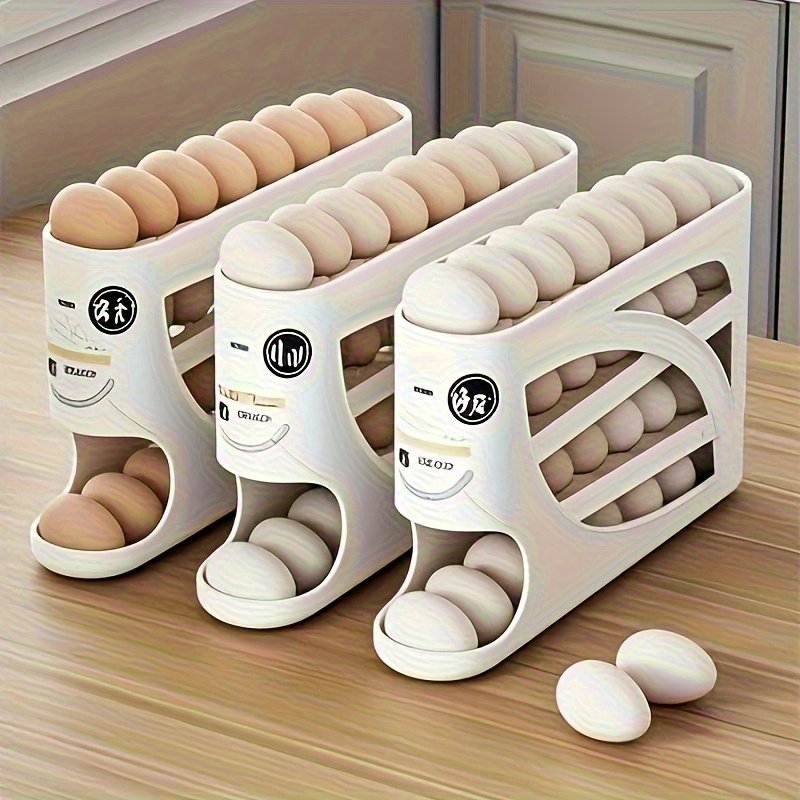 2f00a8098bc7417cb56ef13067cc164a-goods.jpeg Soporte para huevos con ruedas de 4 niveles, diseño lateral que ahorra espacio, capacidad para 30 huevos, acabado brillante suave, asa práctica, adecuado para almacenamiento en cocina o frigorífico, accesorio de cocina moderno, plástico duradero - Image 1
