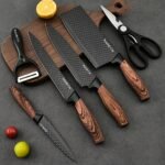 6pzas. Juego de cuchillos de cocina de acero inoxidable con alto contenido de carbono y mango ergonómico de madera, incluye tijeras y cuchara espumadera, ideal para asados y cocinar en familia - Image 6