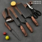 6pzas. Juego de cuchillos de cocina de acero inoxidable con alto contenido de carbono y mango ergonómico de madera, incluye tijeras y cuchara espumadera, ideal para asados y cocinar en familia