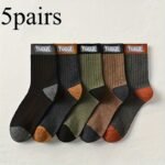 5 Pares de Calcetines Gruesos de Invierno para Hombre, Media Caña - Anti-Olor, Transpirables y Absorbentes del Sudor, Patrones de Letras de Color Sólido, Adecuados para Todas las Estaciones, Ideales para Deportes y Ropa Casual de Negocios, Multicolor Opcional, Calcetines de Felpa, Calcetines para Uso Diario, Patrones de Letras de Moda - Image 2