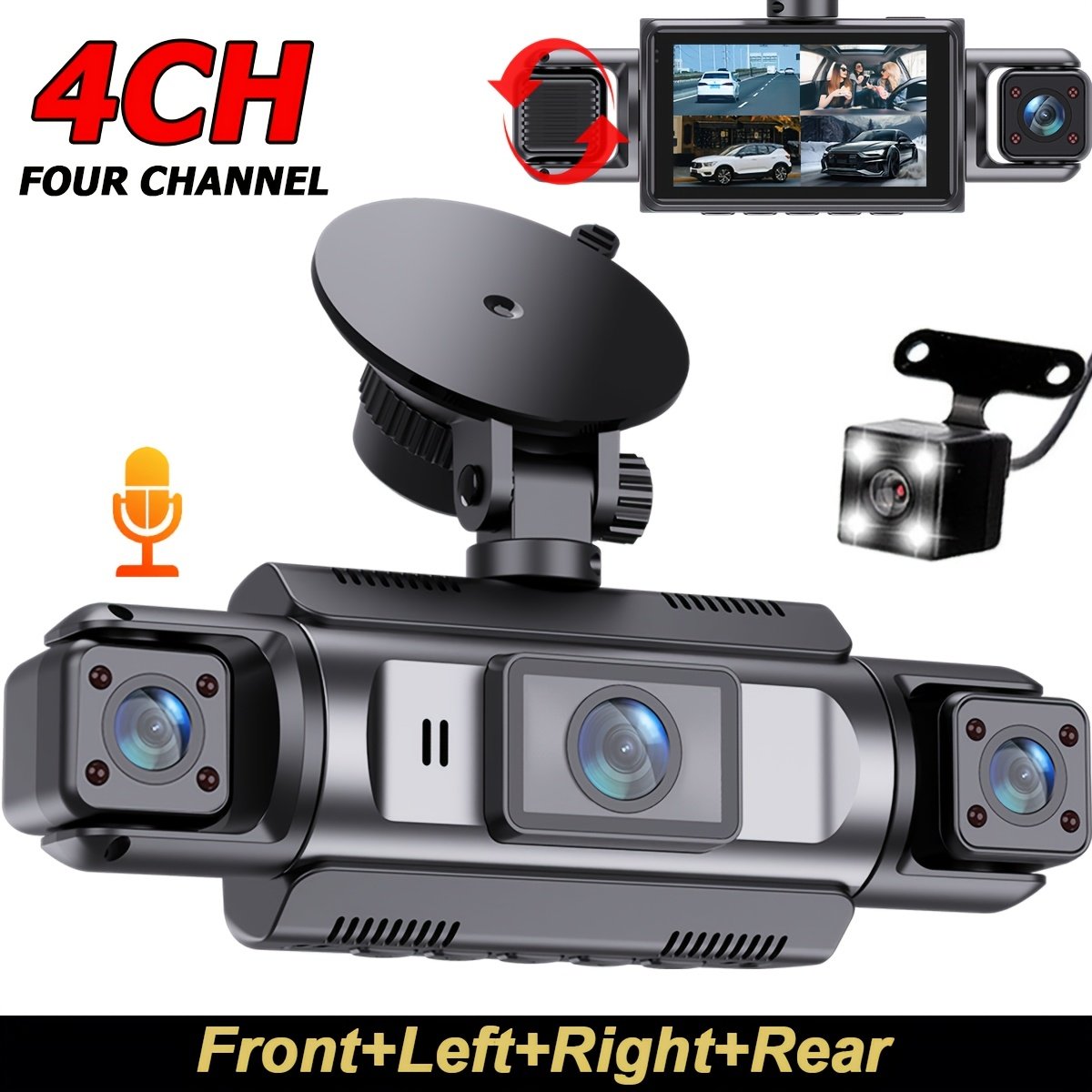 8a12efd7-bcec-48b3-ab2d-2ade5bedb664.jpg Cámara de tablero para coche de 4 canales 1080P delantera, 720P izquierda/derecha/trasera - Pantalla LED, control por botón pulsador, batería de litio recargable, monitor de aparcamiento 24/7, cámara de visión trasera, monitor de cámara de visión trasera | Accesorios modernos para coche | Cámara con - Image 1