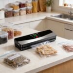El sellador al vacío de alimentos recargable por USB HOTU viene con 10 bolsas de vacío, lo que lo hace perfecto para cocinas interiores y viajes de camping al aire libre. Es una opción ideal para conservar alimentos, snacks, carnes, frutas y verduras. - Image 4