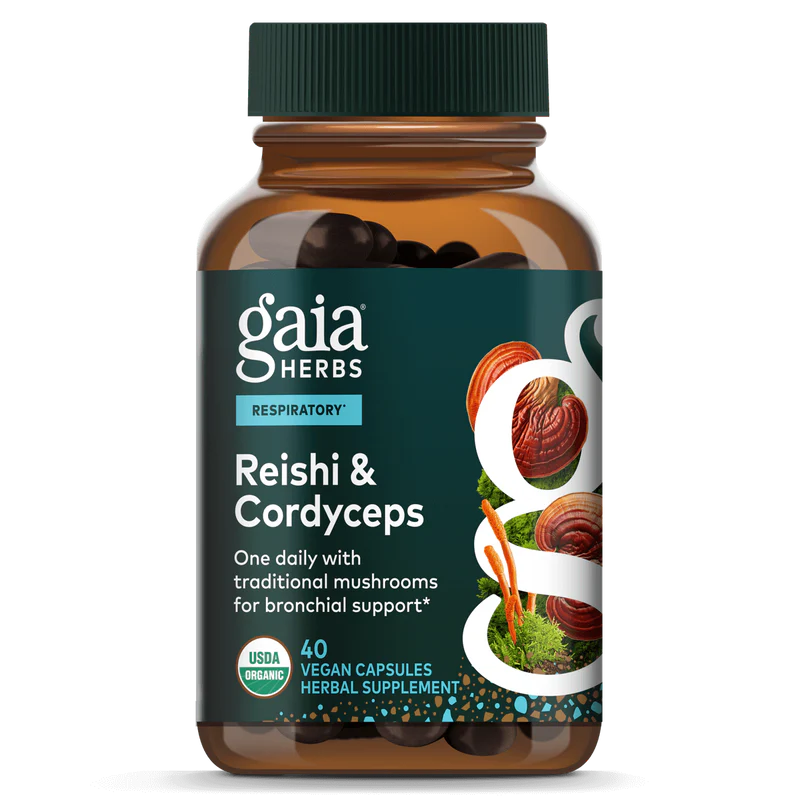 REISHI-CORDYCEPS-GAIA-HERBS-40-CAPSULAS.webp Reishi & Cordyceps, Gaia Herbs, RESPIRATORY Formerly - Respiratory Mushroom Blend, 40 Capsules, also known as Ganoderma lucidum and the mushroom of immortality - Image 1