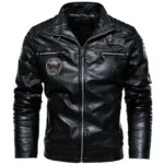 Chaqueta de cuero para hombre, forro polar de invierno para hombre, cuello levantado, motociclista, informal, a prueba de viento, chaqueta ajustada, chaqueta de cuero polar - Image 2