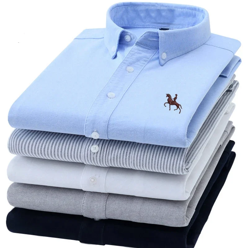 S1fb85a51aa76419b857d8bb8c2b96f02v.webp Camisas informales Oxford de algodón puro para hombre, camisa de vestir blanca de manga larga con diseño de caballo bordado, ajuste Regular, con botones a la moda - Image 1