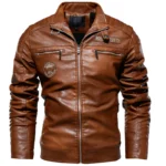 Chaqueta de cuero para hombre, forro polar de invierno para hombre, cuello levantado, motociclista, informal, a prueba de viento, chaqueta ajustada, chaqueta de cuero polar - Image 3