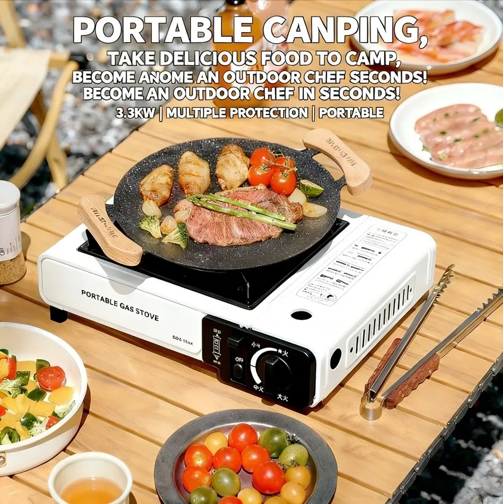 S67810399744145dd8977d476df4d1ef67.webp Estufa de gas portátil para exteriores, adecuada para acampar, hacer barbacoas, hacer senderismo, cocinar en el patio trasero y uso doméstico. Anillo cortavientos no incluido. - Image 1