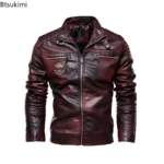 Chaquetas de cuero para hombre, chaquetas de cuero PU de lana para motocicleta, cazadora informal Vintage con cuello levantado, abrigos ajustados, Otoño e Invierno 2026 - Image 2