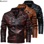 Chaquetas de cuero para hombre, chaquetas de cuero PU de lana para motocicleta, cazadora informal Vintage con cuello levantado, abrigos ajustados, Otoño e Invierno 2026