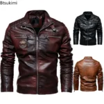 Chaquetas de cuero para hombre, chaquetas de cuero PU de lana para motocicleta, cazadora informal Vintage con cuello levantado, abrigos ajustados, Otoño e Invierno 2026 - Image 5