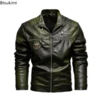 Chaquetas de cuero para hombre, chaquetas de cuero PU de lana para motocicleta, cazadora informal Vintage con cuello levantado, abrigos ajustados, Otoño e Invierno 2026 - Image 4