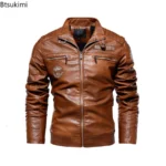 Chaquetas de cuero para hombre, chaquetas de cuero PU de lana para motocicleta, cazadora informal Vintage con cuello levantado, abrigos ajustados, Otoño e Invierno 2026 - Image 3