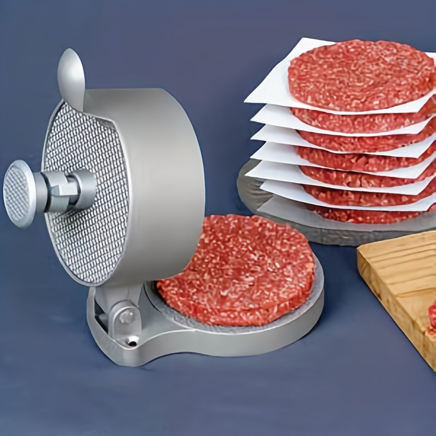 a1a7412b692c2730907603ca900bb795.jpg 1 pieza de máquina de prensa de hamburguesas ajustable YUMIPLUS - Máquina de picar carne manual portátil para hamburguesas gruesas, 3 cabezas intercambiables con asas ergonómicas, herramienta de cocina de aluminio duradera para uso en el hogar y al aire libre, accesorios para hamburguesas, diseño amigable para el usuario, picado de carne eficiente - Image 1