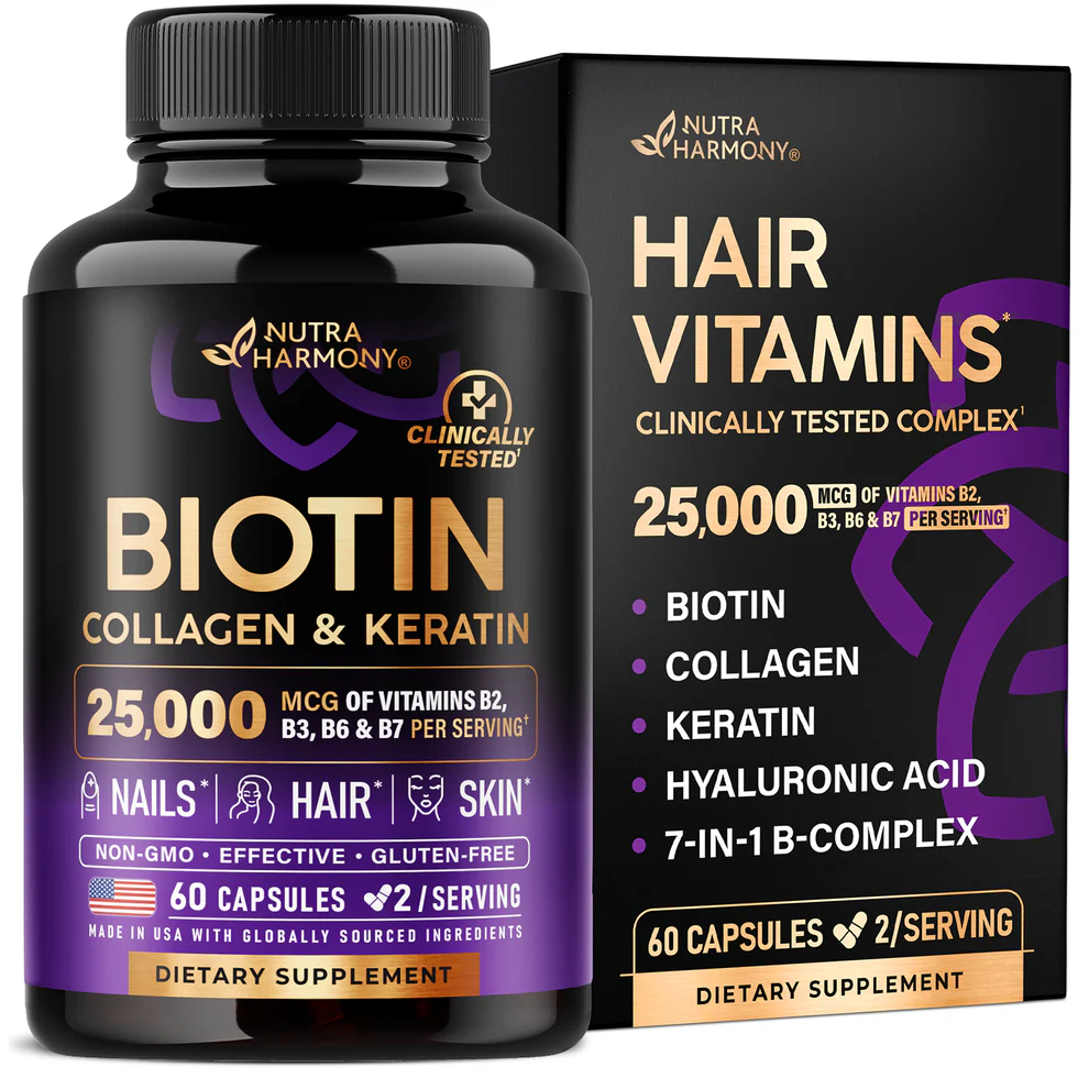 biotina-con-colageno-y-keratina-nutra-harmony-25000-mg-60-capsulas.webp Biotin Vitamins with Collagen & Keratin Supplement, Nutra Harmony, 25000 mg, 60 Capsules - Image 1