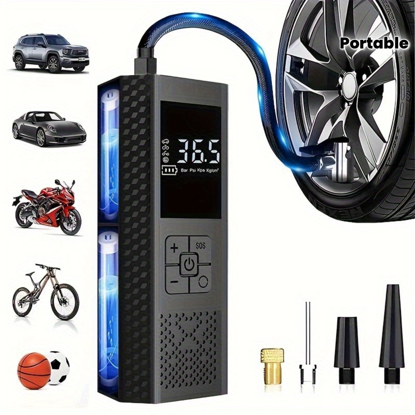 c8c1bda86416fc2cffbe22f66e613c31.jpg Compresor de aire inflador de neumáticos portátil, bomba para neumáticos de coche de 150 PSI con manómetro, LED, bomba inteligente inalámbrica de un toque 3x más rápida, apta para coches, motocicletas, bicicletas, pelotas, etc. - Image 1