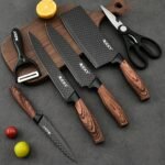 6pzas. Juego de cuchillos de cocina de acero inoxidable con alto contenido de carbono y mango ergonómico de madera, incluye tijeras y cuchara espumadera, ideal para asados y cocinar en familia - Image 5