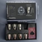 Una caja que contiene 8 vasos de whisky y 2 abridores de botellas, vasos de whisky de acero inoxidable, abridores, regalos, felicitaciones navideñas, recuerdos