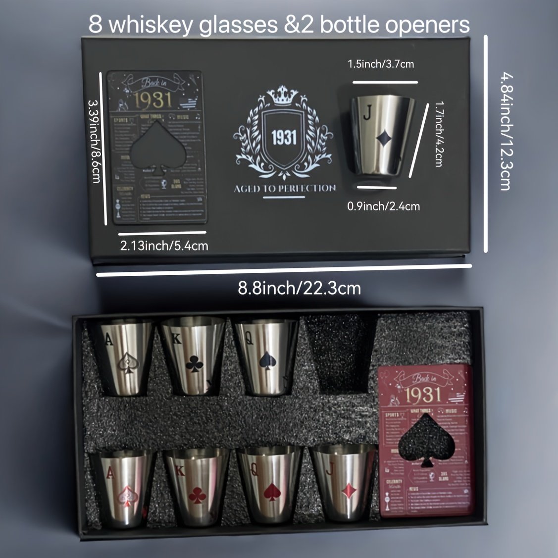 18280951-9f4b-49b3-98e4-134dc343c85a.jpg Una caja que contiene 8 vasos de whisky y 2 abridores de botellas, vasos de whisky de acero inoxidable, abridores, regalos, felicitaciones navideƱas, recuerdos - Image 1