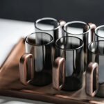 Juego de tazas de 6 piezas de lo más elegante: Vasos de cristal de borosilicato de alta resistencia al calor para uso doméstico, tazas con mango de madera para sala de estar, juego de tazas de té de nogal , vasos de cristal de borosilicato de alta resistencia al calor para uso doméstico