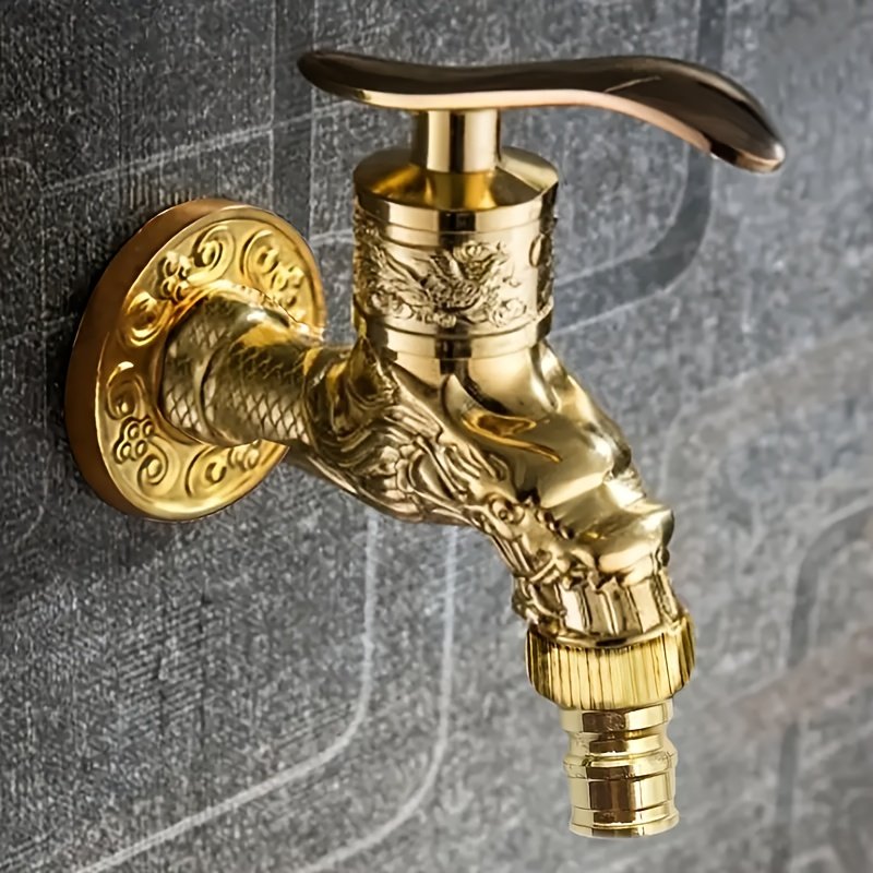 30f0570c-0df5-4225-8e97-c958562cc5d2.jpg Grifo de pared elegante con dragón dorado - Grifo de bronce vintage rústico con mango único, ideal para cocina, baño, jardín al aire libre - Aleación de zinc duradera con válvula de acero inoxidable, grifo al aire libre | Grifo decorativo | Grifo duradero - Image 1