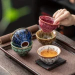 Un juego de tazas de té de cerámica hechas a mano, un total de 5 piezas, taza de té tradicional de Kung Fu Wuxing cambiada en horno, estilo Jianzhan - Image 3