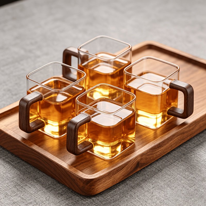 abd02c1a-780d-4c1c-bf48-d53fba44c394.jpg Juego de 4 tazas de té de cristal de estilo antiguo, juego de té Kung Fu, asas cuadradas, tazas de té japonesas portátiles para el hogar, adecuadas como regalos para Navidad, Halloween y Acción de Gracias - Image 1