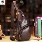 BULLCAPTAIN Bolso de Pecho de Cuero Genuino para Hombres - Mochila Bandolera de Cuero de Vaca de Gran Capacidad con Correa Multifuncional, Cierre de Cremallera y Hebilla, Duradero y Manos Libres para Exteriores, Viajes (Uso Casual) - Cuero de Vaca de Primera Calidad