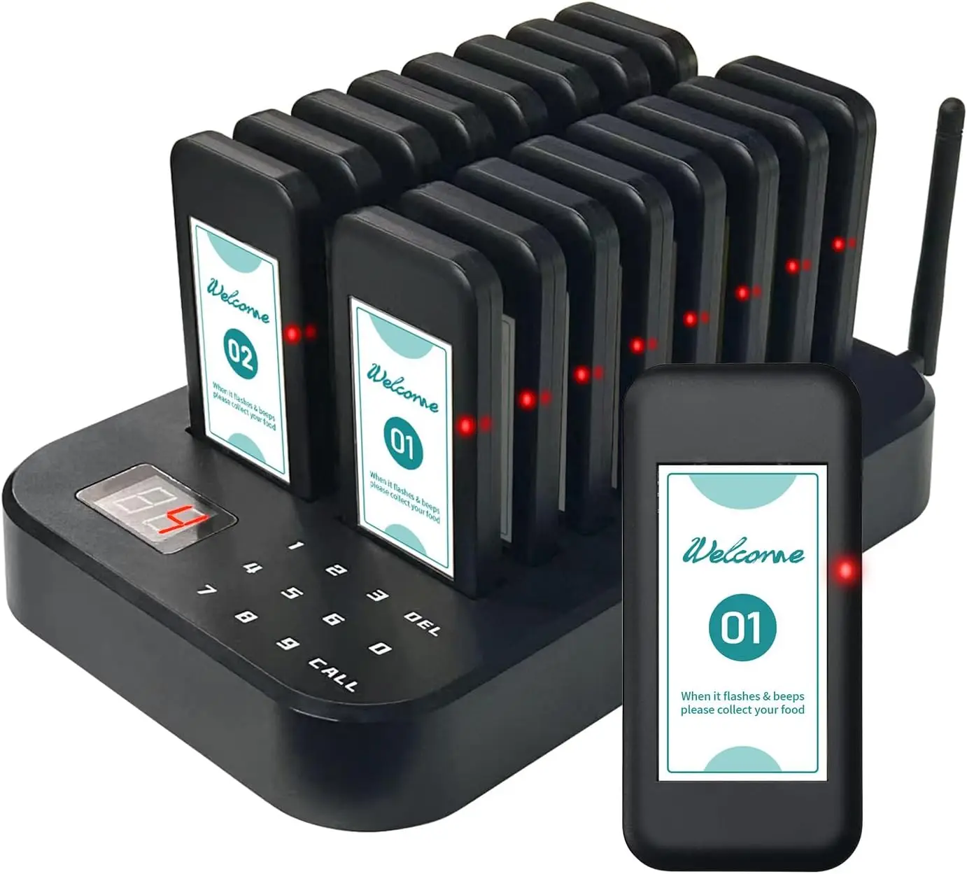 S497f6d6b15e44890baff4ae588d6eab7H.webp Sistema de Llamada Inalámbrico Impermeable de 16 Pagers con Alcance de 200m para Restaurantes, Food Trucks, Residencias de Ancianos, con Vibración, Luz Intermitente y Sonido - Image 1