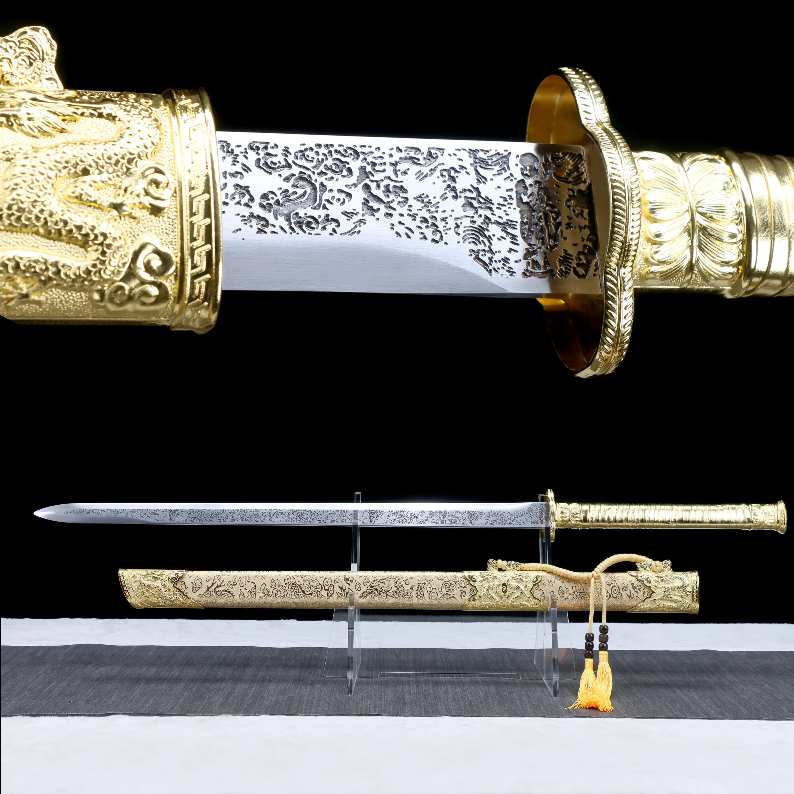 S80933a821cba4074977e007a0431f498w.webp Espada medieval tallada con ácido corroído, katana de acero de alto manganeso, oro amarillo, equipado con arma afilada, katana, 110cm - Image 1