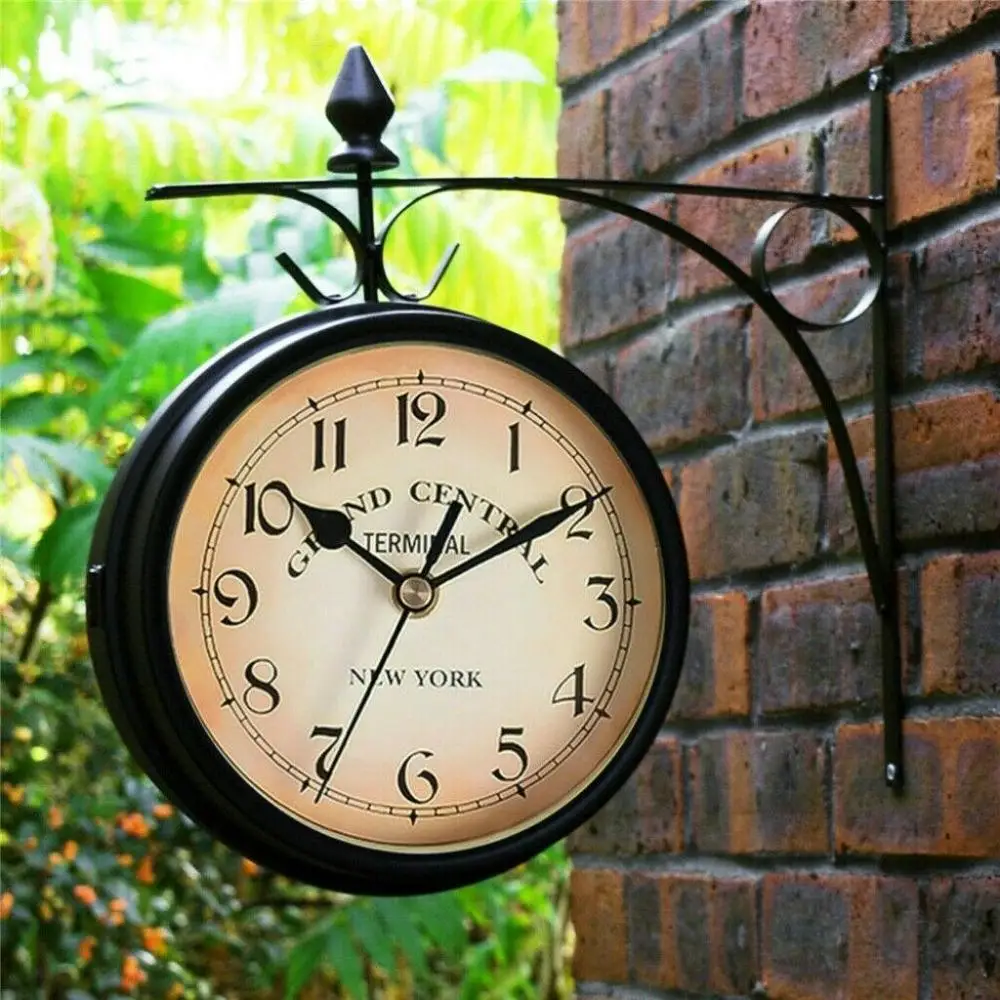Sf81b55c3e5034d2e8cfa10776a2ba831g.webp Reloj de pared de doble cara de alta calidad, reloj de Metal Retro duradero, decoración del hogar, decoración de jardín, estación de tren - AliExpress 15 - Image 1