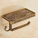 Estantes de baño de bronce antiguo tallado, portarrollos de papel higiénico con estante para teléfono, soporte de papel de baño montado en la pared, E654 - Color : Antique Bronze