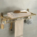 Toallero de baño de latón antiguo plegable de aluminio, soporte activo para toallas de baño, estante doble para toallas con ganchos, accesorios de baño - AliExpress 13 - Image 2