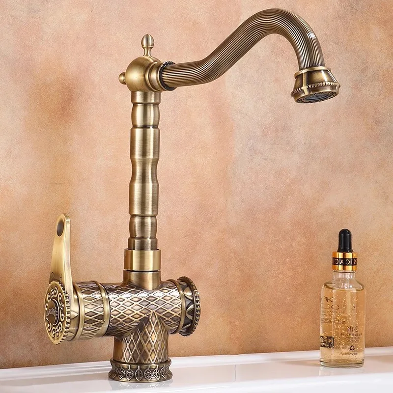 Sf13c2f71cabb442cbd37d7d1d4b3b4c6e.webp Grifos de Lavabo de Bronce Antiguo, Grifo de Baño de Latón para Agua Fría y Caliente, Grifo de Lavabo Montado en Cubierta, Grifo de Cocina - AliExpress 13 - Image 1